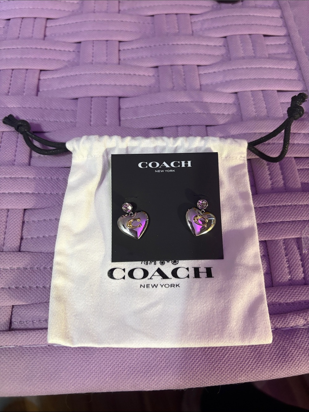 COACH Silver Heart Drop Earrings with Purple Accents~ NWT
